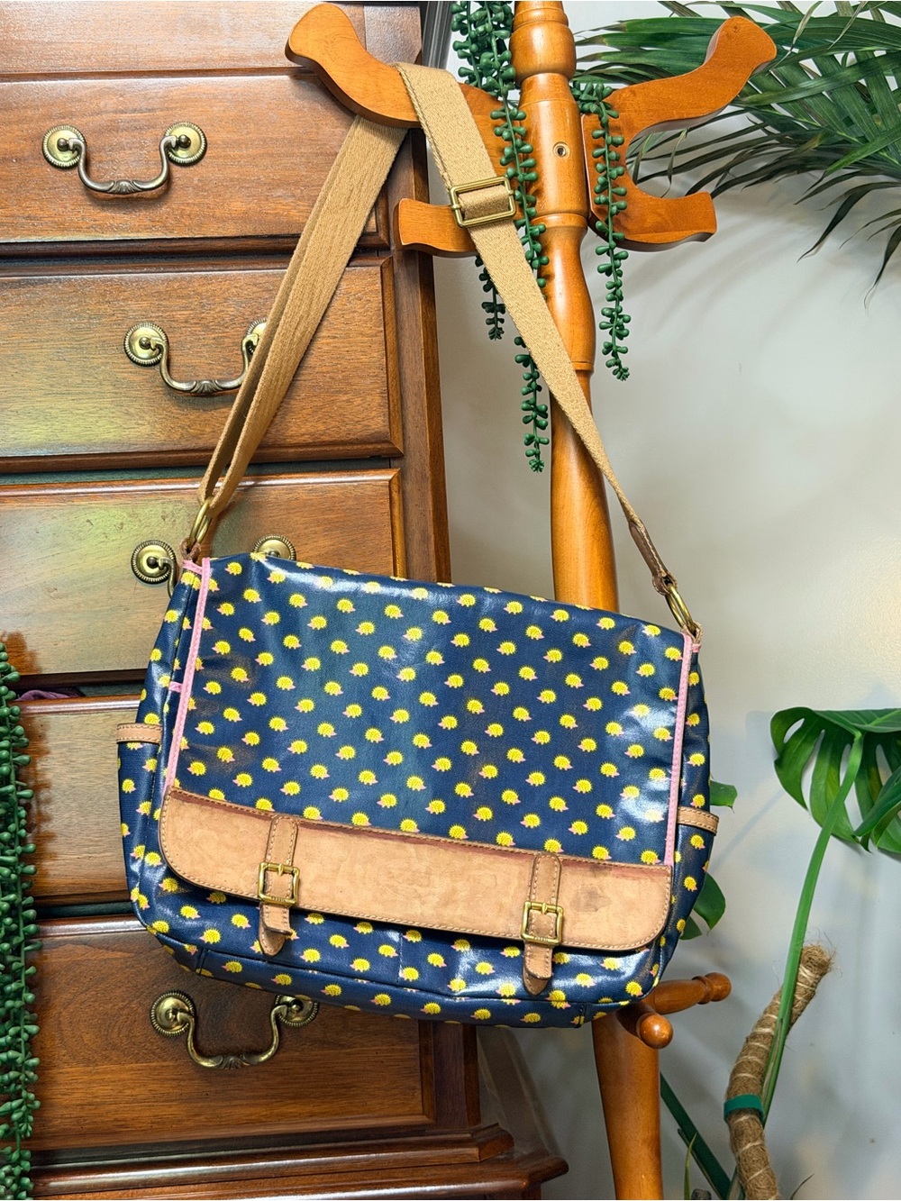 Restored Fossil Canvas Water Resistant Messenger Bag with Hedgehog Print
